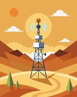In the middle of a desert landscape a lone telecommunication tower equipped with solar panels transmitting signals to the rest of the world without relying on traditional power. vector
