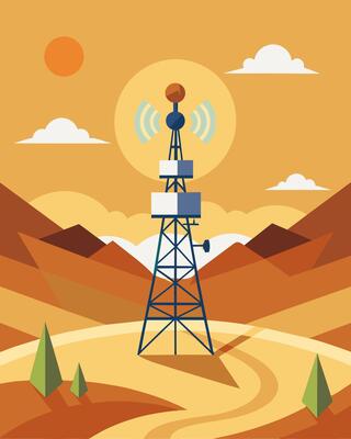 In the middle of a desert landscape a lone telecommunication tower equipped with solar panels transmitting signals to the rest of the world without relying on traditional power.