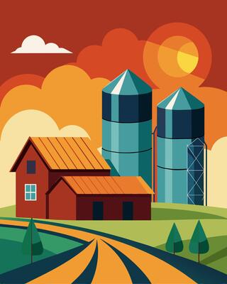 In the tranquil countryside solar panels stand tall beside old grain silos a blend of past and present techniques to support the farms operations.. illustration.