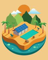 In the sweltering desert climate solarpowered irrigation creates an oasis of green providing a welcome source of shade and sustenance for both people and animals.. illustration. vector
