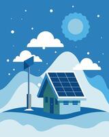 In the midst of a blizzard the solar panels stand tall and proud transforming a snowy scene into one of efficient energy production.. illustration. vector