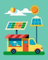 Instead of the loud hum of generators the street is filled with the quiet hum of the solar panels powering the food carts.. illustration. vector