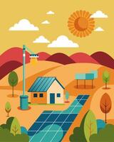 In the midst of a drought a farm powered by solar panels is able to keep their irrigation systems running and their crops thriving.. illustration. vector