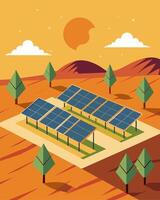 It was a remarkable sight to see a once barren land now populated by neatly arranged solar panels their purpose clear and noble.. illustration. vector