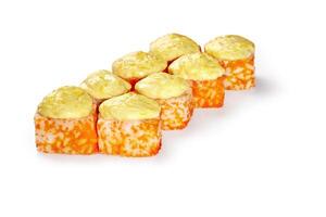 Baked rolls in tobiko caviar with salmon, cucumber and melted cheese photo