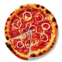 Sliced pepperoni pizza with tomato sauce, mozzarella, onion and dough edge filled with cream cheese on white photo