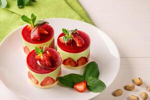 French dessert Fraisier of pistachio mousse with strawberry confit, vanilla sponge and berry jelly photo