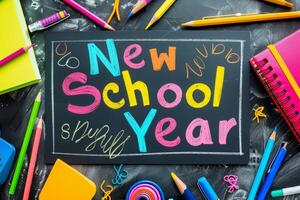 Bright and vibrant chalkboard with colorful handwritten text surrounded by school supplies, welcoming new school year, knowledge day photo
