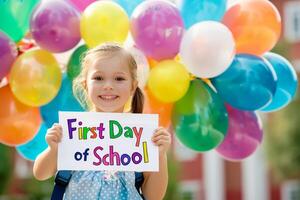 Happy young girl holding colorful sign that says First Day of School with background of vibrant balloons, knowledge day photo