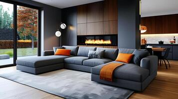 Warm living room modern sofa, fireplace, Scandinavian minimalism, soft ambient lighting. photo