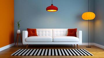 Scandinavian living room modern sofa, fireplace, warm and inviting, soft ambient light photo