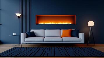 Cozy living room with a modern sofa and fireplace, Scandinavian minimalism style, warm and inviting mood, soft ambient lighting photo