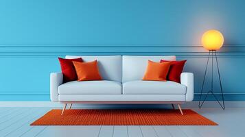 Cozy living room modern sofa, fireplace, Scandinavian minimalism, warm and inviting, soft lighting photo