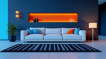 Warm living room modern sofa, fireplace, Scandinavian minimalism, cozy mood, soft ambient light photo