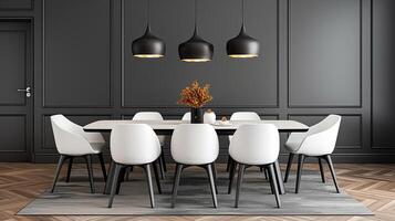 Dining room extendable table, stylish chairs, modern classic style, elegant and versatile, soft lighting photo