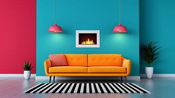 Living room modern sofa, fireplace, Scandinavian minimalism, warm and inviting, soft lighting photo