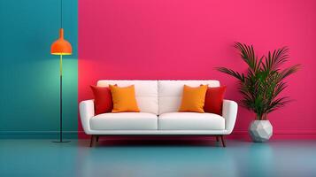 Scandinavian living room modern sofa, fireplace, cozy and warm mood, soft ambient lighting photo