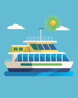 As the ferry makes its way down the river the solar panels on its roof are constantly aligning with the sun maximizing its energy efficiency.. illustration. vector