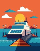 As the ferry approaches the port the solar panels fold down soaking up the last rays of sunlight before docking and transferring passengers.. illustration. vector
