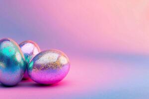Metallic holographic Easter eggs on a gradient backdrop with space for text, vibrant and colorful Easter banner photo