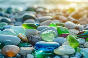 Multicolored gemstones scattered on the beach, including polished sea glass and textured stones. Close-up of shiny green and blue glass with vibrant sea pebbles, creating a summer beach scene photo