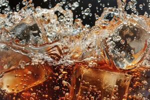 An invigorating soda or cola with ice cubes, splashing and bubbling, ideal for summer festivities or celebrations photo