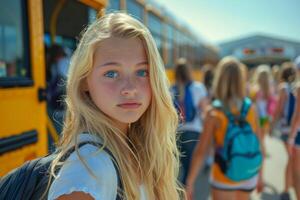 Blonde teenage girl with blue eyes stands in front of a school bus, looking directly at the camera back to school concept study photo