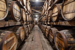 Wooden Barrels in Traditional Winery Cellar. photo