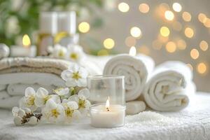 Spa Relaxation with Towels and Candle. photo