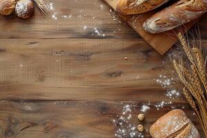 Rustic Bread and Wheat on Wooden Table. photo