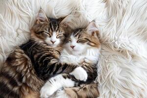 Two Kittens Sleeping Cuddled Together. photo