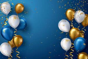 Golden and Blue Balloons with Confetti on Blue Background. photo