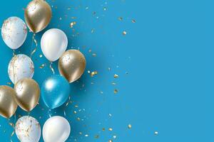 Golden and Blue Balloons with Confetti on Blue Background. photo