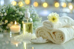 Spa Relaxation with Towels and Candle. photo