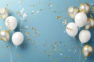 Golden and Blue Balloons with Confetti on Blue Background. photo