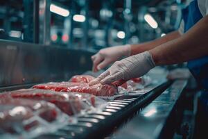 Beef Processing and Packaging in Meat Factory. photo