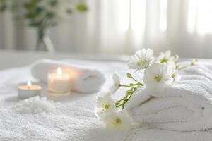 Spa Relaxation with Towels and Candle. photo