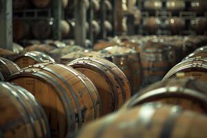 Wooden Barrels in Traditional Winery Cellar. photo
