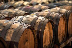 Wooden Barrels in Traditional Winery Cellar. photo