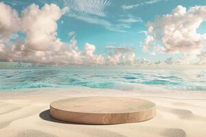 Circular Platform on Serene Beach with Blue Sky. photo