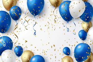 Golden and Blue Balloons with Confetti on Blue Background. photo