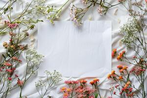 Blank Paper Surrounded by Colorful Flowers. photo