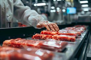 Beef Processing and Packaging in Meat Factory. photo