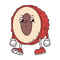 Retro groovy lychee. Sullen, resentful fruit. Naughty anthropomorphic character on white background. flat illustration vector
