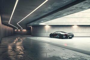 Red Car in Modern Concrete Structure with . photo