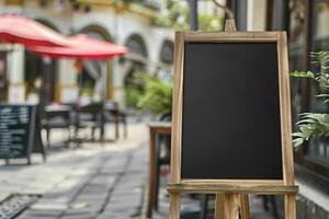 Empty Chalkboard Sign Outside Cafe with . photo