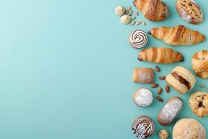 Assorted Fresh Pastries on Blue Background with . photo