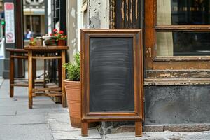 Empty Chalkboard Sign Outside Cafe with . photo
