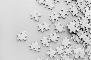 Scattered White Puzzle Pieces on Plain Background with . photo