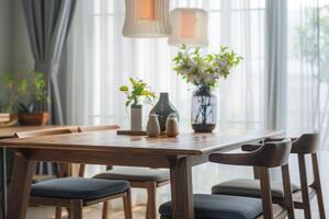 Modern Dining Room with Wooden Table. photo